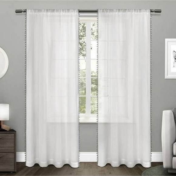 Other - Pom Pom Trim White Semi-Sheer Curtain Panels – Set of 2 (84” x 39” Each)